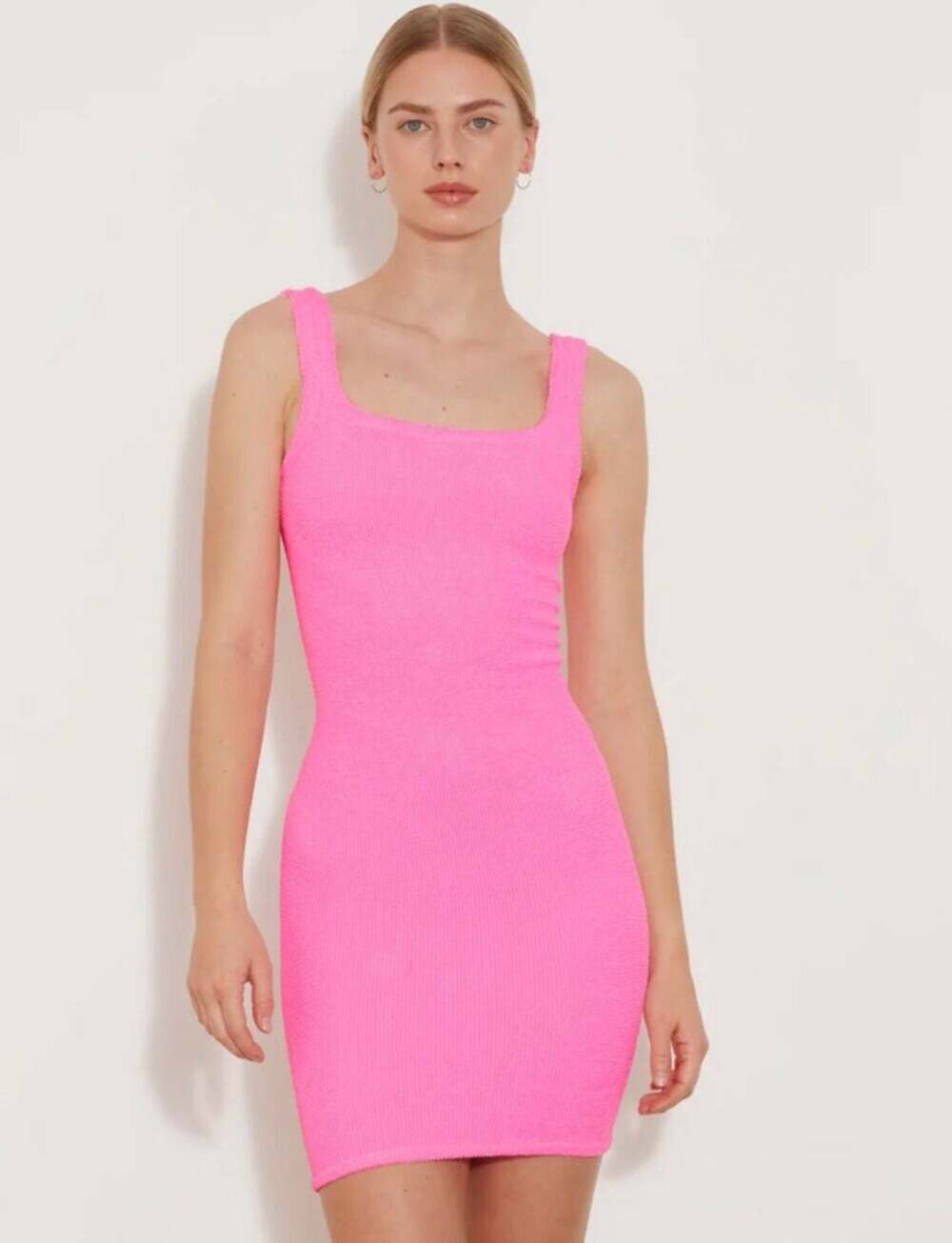 Hunza G Neon Pink Square Neck Mini Dress